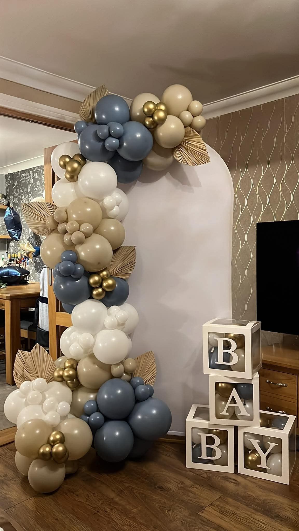 Blue and white balloon arch decoration for Aqiqah ceremony by KS Foods